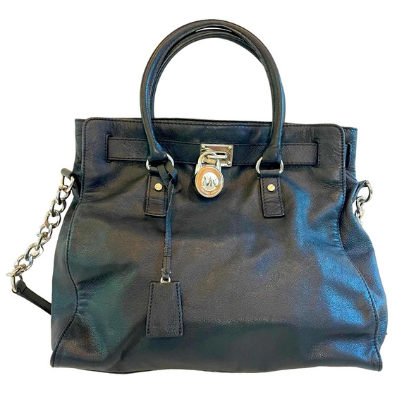 Michael Kors Hamilton Leather Satchel Black With Silver Lock & Chain Large - Picture 1 of 16